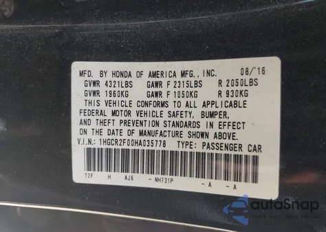 2017 Honda Accord Ex z USA, uszkodzony, nr VIN 1HGCR2F00HA035778
